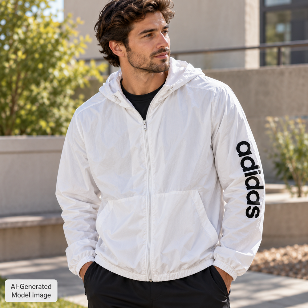 Adidas Windbreaker Mens XL White Hooded Mesh Lined Full Zip Logo Sleeve Running